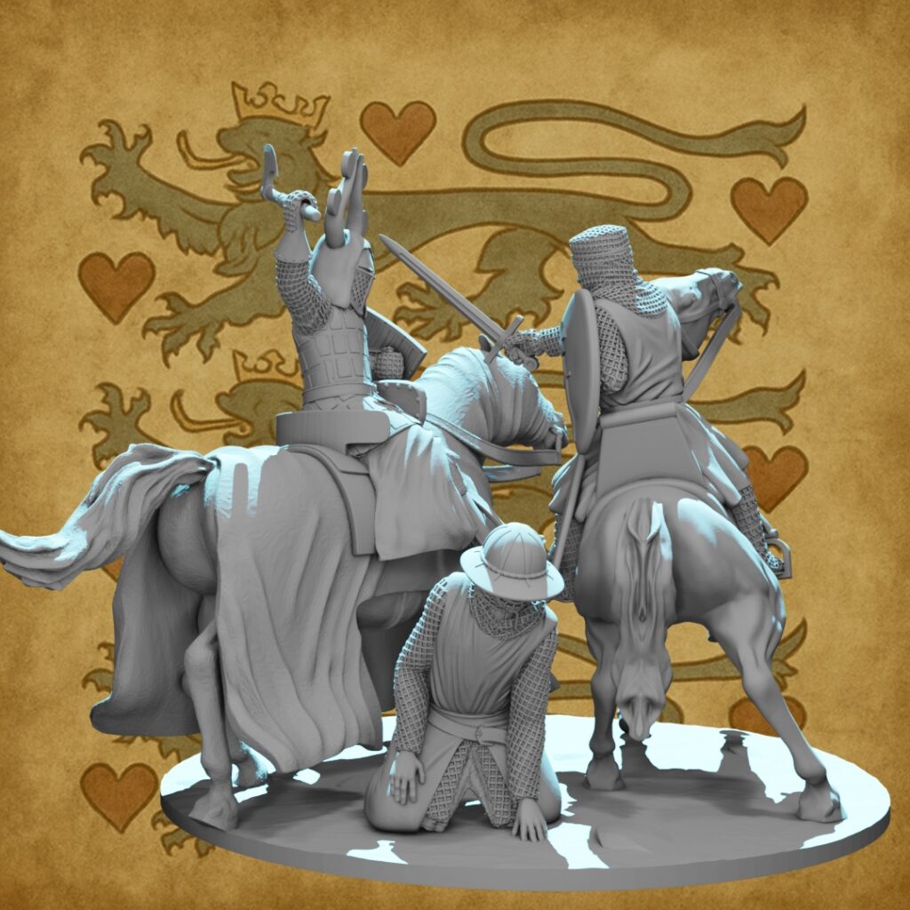 Danish King Valdemar vs Livonian Knight Medieval Battle Vignette 28mm 32mm STL 3D Print Miniature - Three Figure Northern Crusades Diorama Danish King Axe Mounted Livonian Teutonic Knight Wounded Soldier Baltic Crusades Historical Wargaming Centerpiece Tabletop Miniature Set