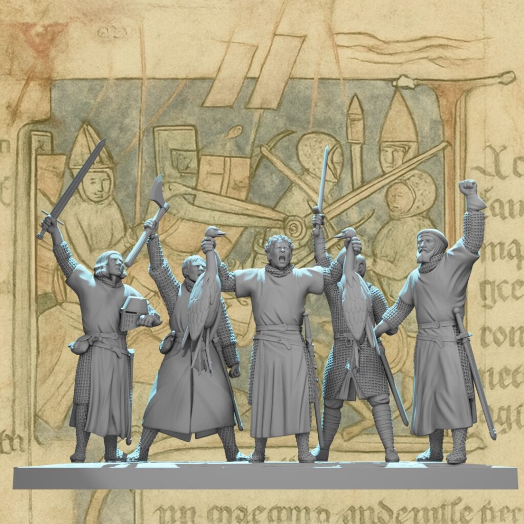 Five light grey 3D-rendered medieval Scottish warrior miniatures mounted on a shared scenic stone floor base. From left to right: a long-haired warrior raising a sword with a helmet under his arm; a chainmail fighter brandishing an axe while gripping a swan; a bare-armed warrior roaring with both arms raised and sword aloft; a chainmail soldier hoisting a sword with a swan at his side; and a bearded older warrior raising a defiant fist with sword drawn. All figures feature highly expressive facial sculpts and detailed period clothing. Displayed on a black background.