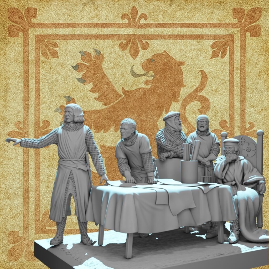 3D render of a medieval war council diorama STL — four chainmail-armored knights and a seated noble gathered around a draped table with maps and scrolls, one figure gesturing in command. Detailed resin print preview on a heraldic lion banner background. 3D printable wargaming miniature diorama for historical and fantasy tabletop games.