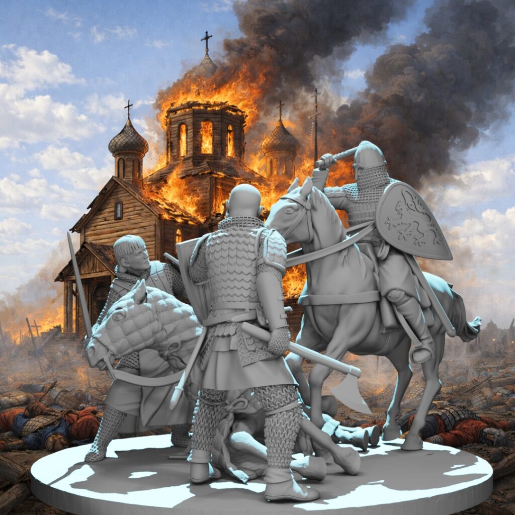 A light blue 3D-rendered medieval diorama miniature set on a round scenic base. On the left, a bareheaded Teutonic Knight kneels in a last stand with sword raised, wearing scale armour and chainmail. In the centre, a dismounted Kievan Rus warrior in lamellar scale armour stands over him with an axe raised. On the right, a mounted Kievan Rus horseman on a rearing warhorse swings a mace overhead while carrying a heraldic shield with a beast motif. Fallen weapons and debris are visible at the base. Displayed on a black background.