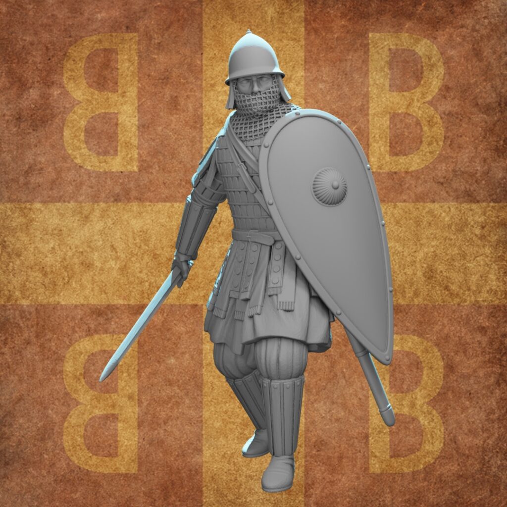 28mm Byzantine heavy infantryman 3D printable STL miniature wearing spangenhelm helmet with mail aventail, klivanion lamellar armour, kite shield, and spathion sword — Eastern Roman Empire wargaming figure