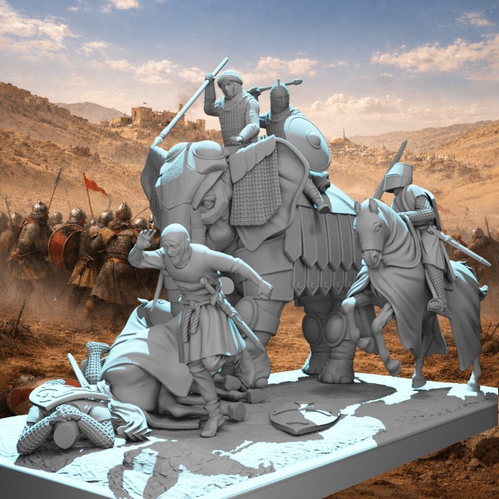 A large grey and light blue 3D-rendered medieval war elephant diorama STL set on a rectangular scenic base with cracked earth texture and scattered battlefield debris. A heavily armoured war elephant with lamellar barding, head armour, and decorative shield roundels dominates the centre, carrying two riders — a turbaned mahout raising a pole weapon and a helmeted Saracen warrior with round shield and sword. In the foreground left, a fallen Crusader knight in chainmail and great helm lies on the ground with one arm raised defensively, surrounded by scattered equipment. Beside him a bareheaded infantry soldier flees in full panic with arm raised in terror. To the right a mounted Crusader knight in chainmail coif engages the elephant from the flank with sword raised. Displayed on a black background.