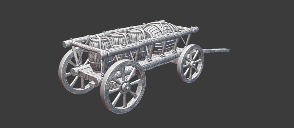 28mm medieval supply wagon STL — separate cargo and cover pieces, 3D printable wargaming terrain by Northern Crusades Miniatures