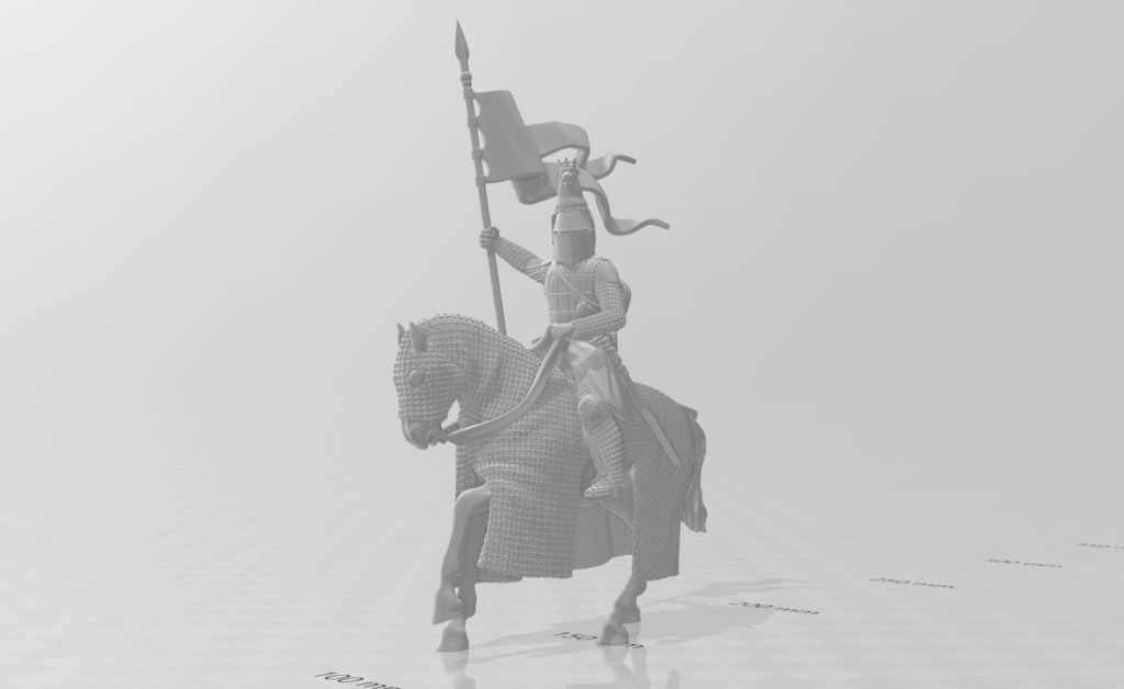 3D render of detailed mounted knight miniature STL files — armored cavalry figures on horseback with period-accurate weapons, shields, and heraldic details. Grey resin print preview. 3D printable wargaming miniatures for medieval, fantasy, and historical tabletop games.