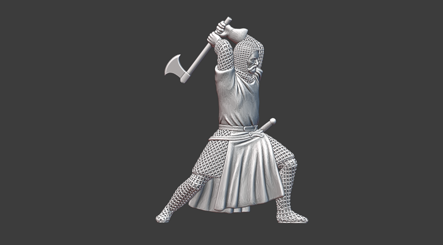 3D render of detailed dismounted medieval knight miniatures STL files — armored infantry figures with period-accurate helmets, weapons, and shields in dynamic combat poses. Grey resin print preview. 3D printable wargaming miniatures for medieval, fantasy, and historical tabletop games.