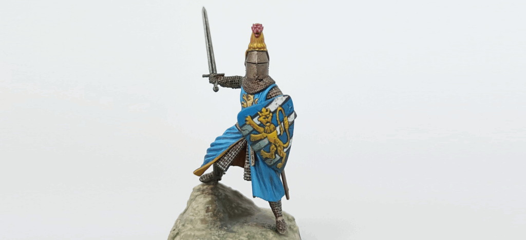 3D render of detailed dismounted medieval knight miniatures STL files — armored infantry figures with period-accurate helmets, weapons, and shields in dynamic combat poses. Grey resin print preview. 3D printable wargaming miniatures for medieval, fantasy, and historical tabletop games.