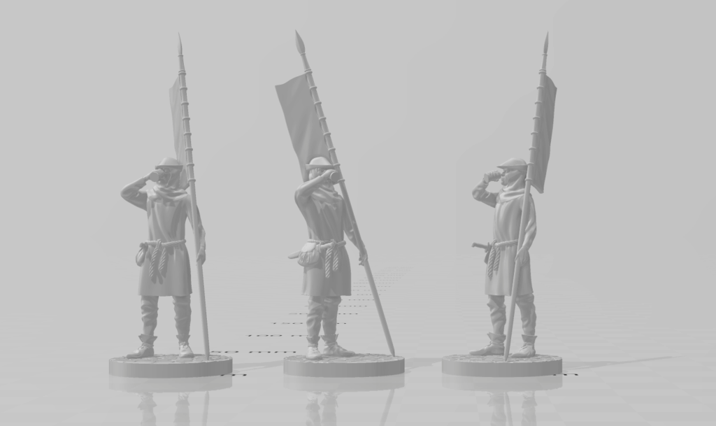 3D render of detailed dismounted medieval knight miniatures STL files — armored infantry figures with period-accurate helmets, weapons, and shields in dynamic combat poses. Grey resin print preview. 3D printable wargaming miniatures for medieval, fantasy, and historical tabletop games.