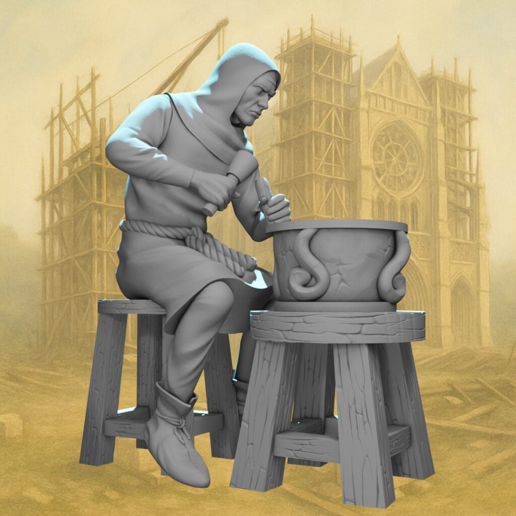 Medieval master mason miniature working on a cathedral 28mm 32mm miniature STL files