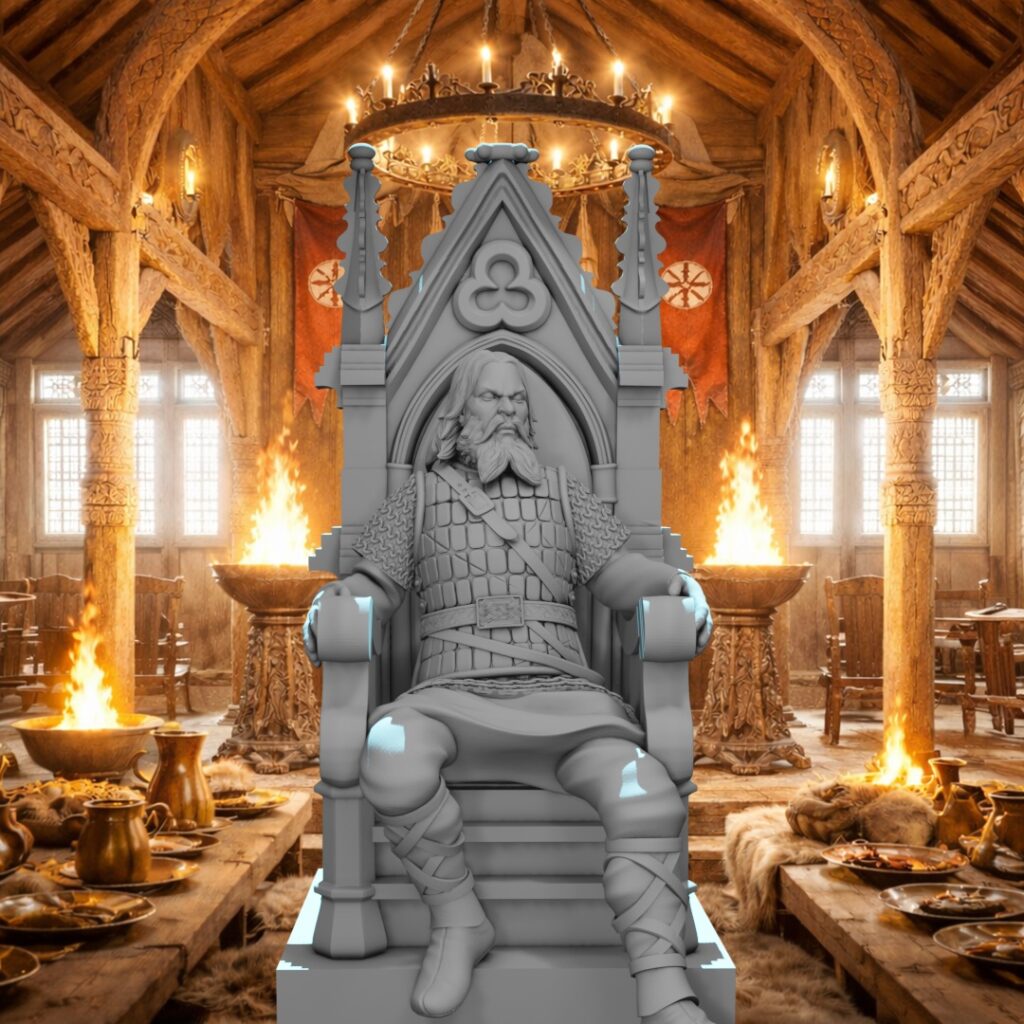 3D printed STL miniature of a Viking Earl King seated on a gothic-arched throne, wearing chainmail armor, displayed in a Norse mead hall setting