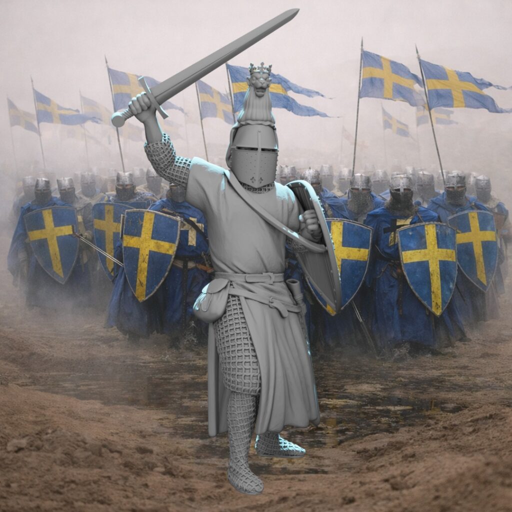 A light blue 3D-rendered medieval Nordic knight miniature in a triumphant pose with sword raised overhead. The knight wears a tall great helm crowned with a lion crest and royal crown, full chainmail hauberk, chainmail mittens and sabatons, and a long belted surcoat. He carries a large heater shield with a deeply sculpted heraldic eagle device in relief. A sword scabbard hangs at his hip. Displayed on a black background.