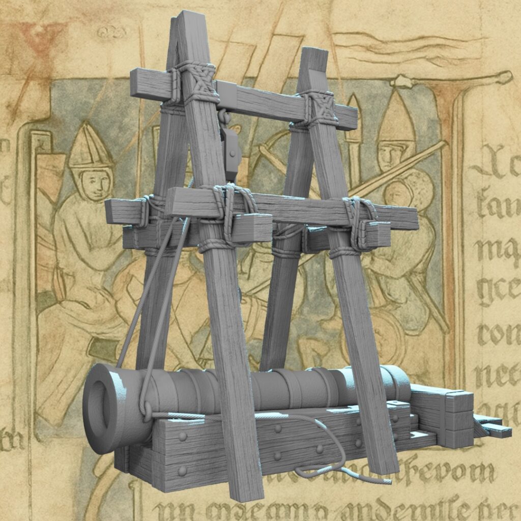 A light blue and grey 3D-rendered medieval bombard cannon with hoist system STL terrain model. A segmented bombard barrel with reinforcing rings rests on a heavy wooden carriage bed with bolt fastenings at the base. Behind and over it stands a towering A-frame timber hoist structure with two pairs of angled support beams, rope-lashed crossbar bracing with intricate knotwork detail, and a double pulley block and tackle system suspended from the top crossbeam with rope falls hanging down. Secondary rigging ropes connect the hoist to the barrel. Rope coils lie on the ground at the base. Displayed on a black background.