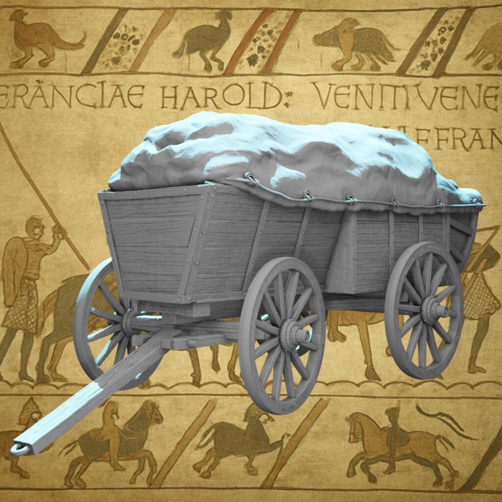 A light blue and grey 3D-rendered medieval supply wagon STL terrain model. The four-wheeled cargo cart features large spoked wooden wheels with detailed hub, spoke, and rim construction and wood grain texture throughout. The deep rectangular cargo bed has planked sides with bolt fastenings and angled corner stanchions. A dramatically heaped cargo bundle of bulging sacks and supplies is piled high above the wagon sides and secured with rope lashings through iron ring fittings along the sides. A long wooden drawbar extends forward with an iron ring fitting at the tip. Displayed on a black background.